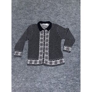 Y2K Capacity Fair Isle Collared Button Cardigan Sweater Black White Red M‎
